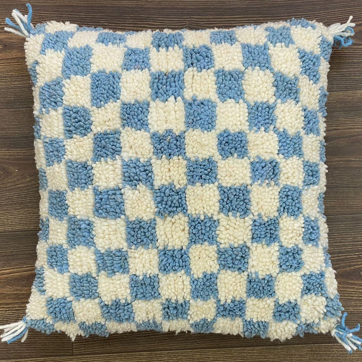 Berber Sky Blue Checkered Wool Pillow | Cozy Decor Accent