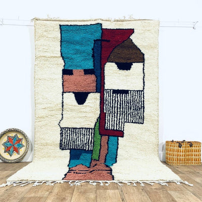 Moroccan Natural Wool Rug with Playful Face, Emanating the Magic of Artisanal Smiles