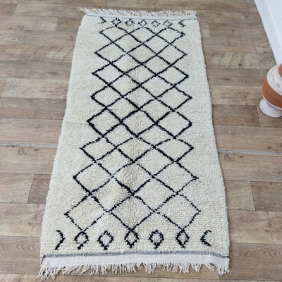 Authentic Beni Ourain Moroccan Berber Runner Rug with Black lines