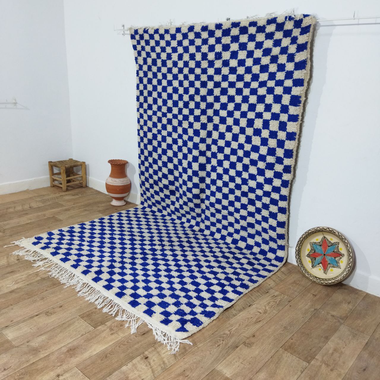 Blue Handmade Rug, Blue Checkered Rug - Berber style wool rug from Morocco - Modern rug