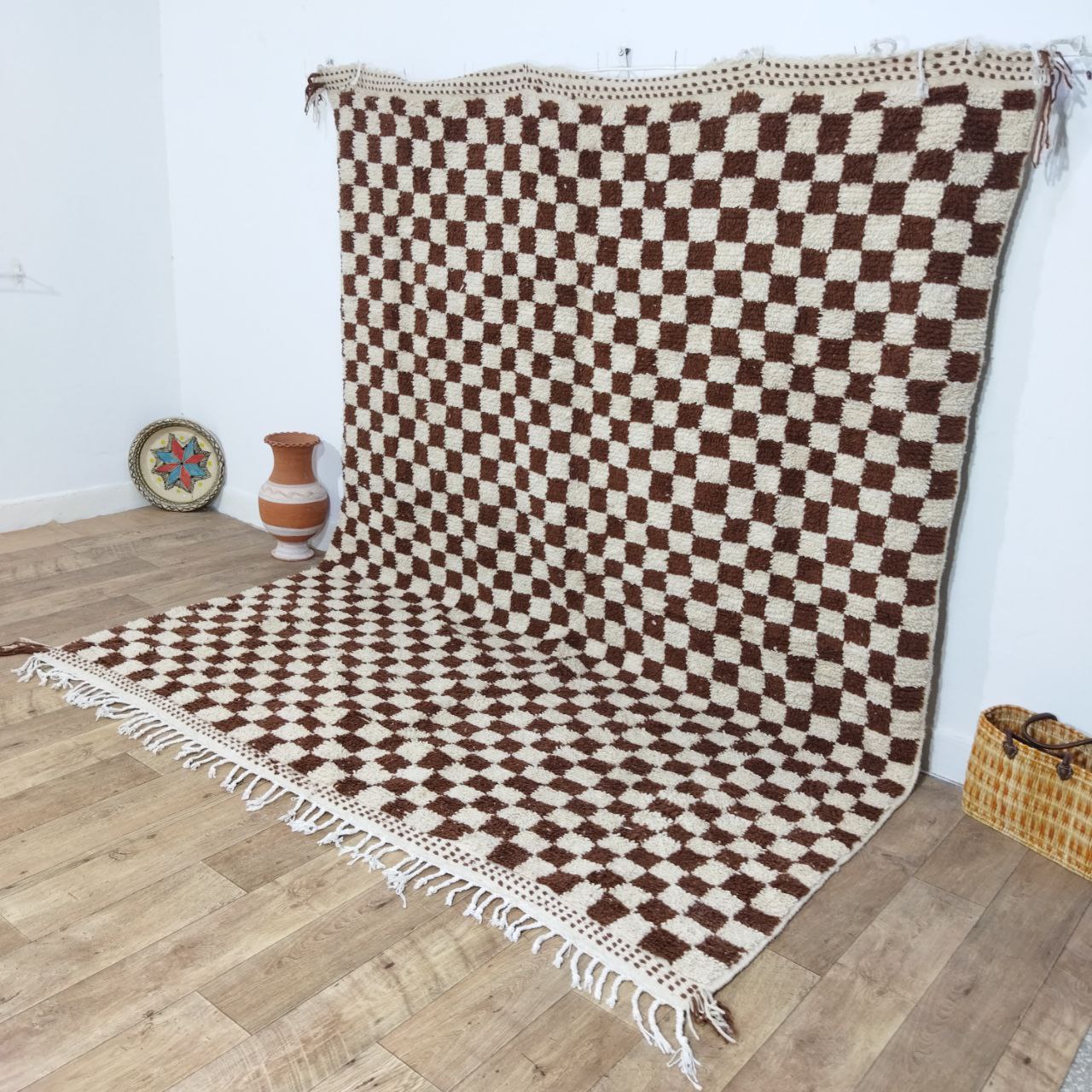 White & Brown Moroccan Checkered Rug - Warmth & Elegance | MogadorCrafts