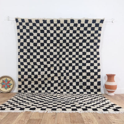 Black Handmade Rug, White and BlackCheckered Rug - Berber style wool rug from Morocco - Modern rug