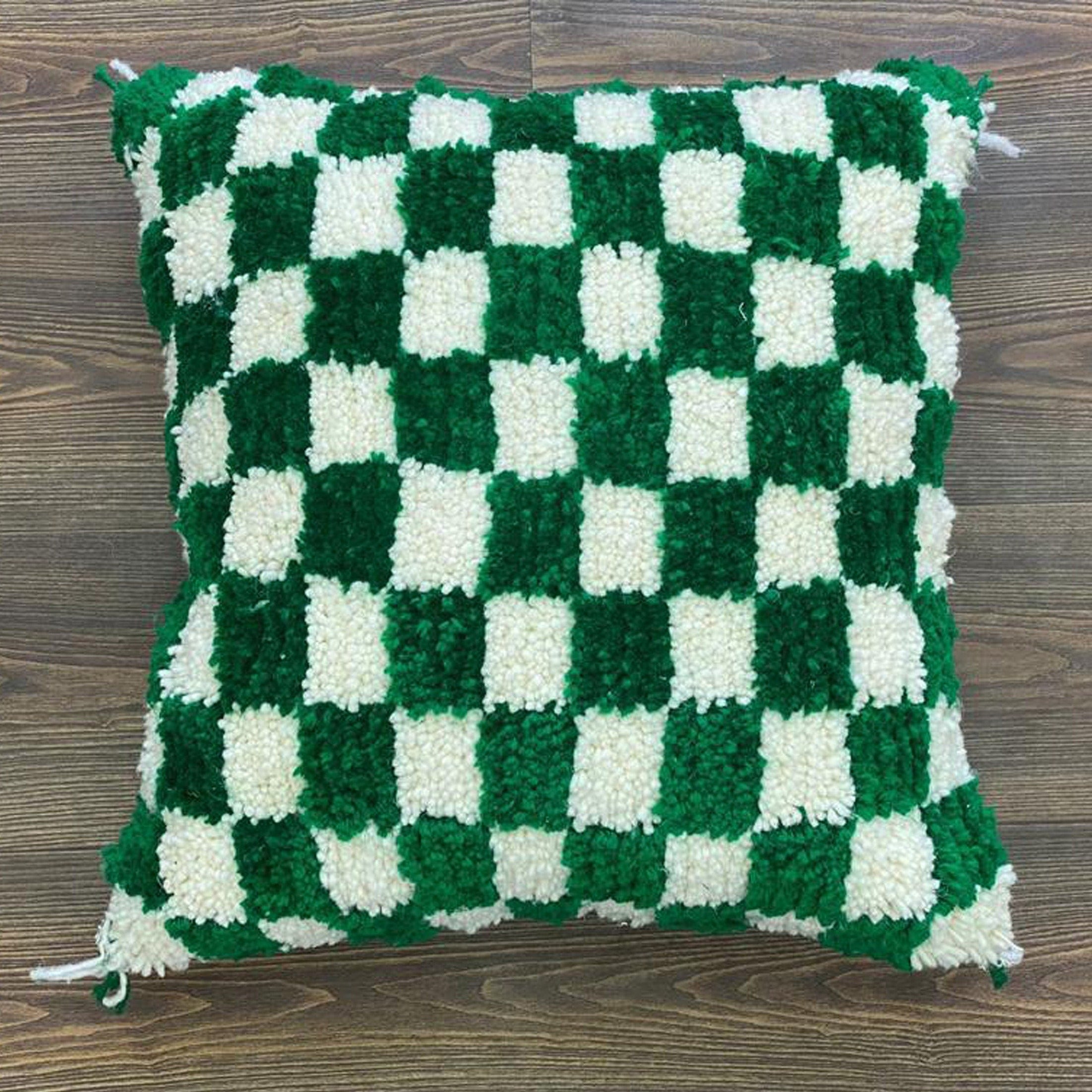 Beni Ouarain-inspired Green Checkered Wool Pillow | Cozy Decor Accent