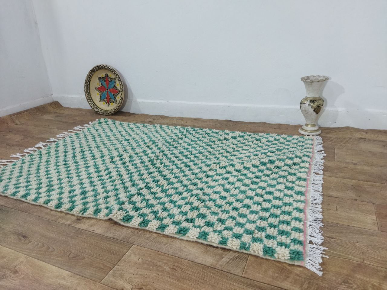 Green Handmade Rug, Green Checkered Rug - Berber style wool rug from Morocco - Modern rug