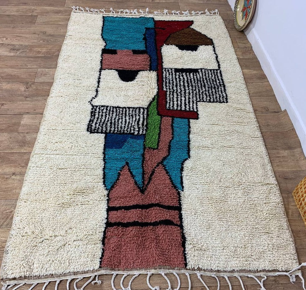 Handcrafted Moroccan Wool Rug with Whimsical Face – Elevate Your Space with Artisanal Charm