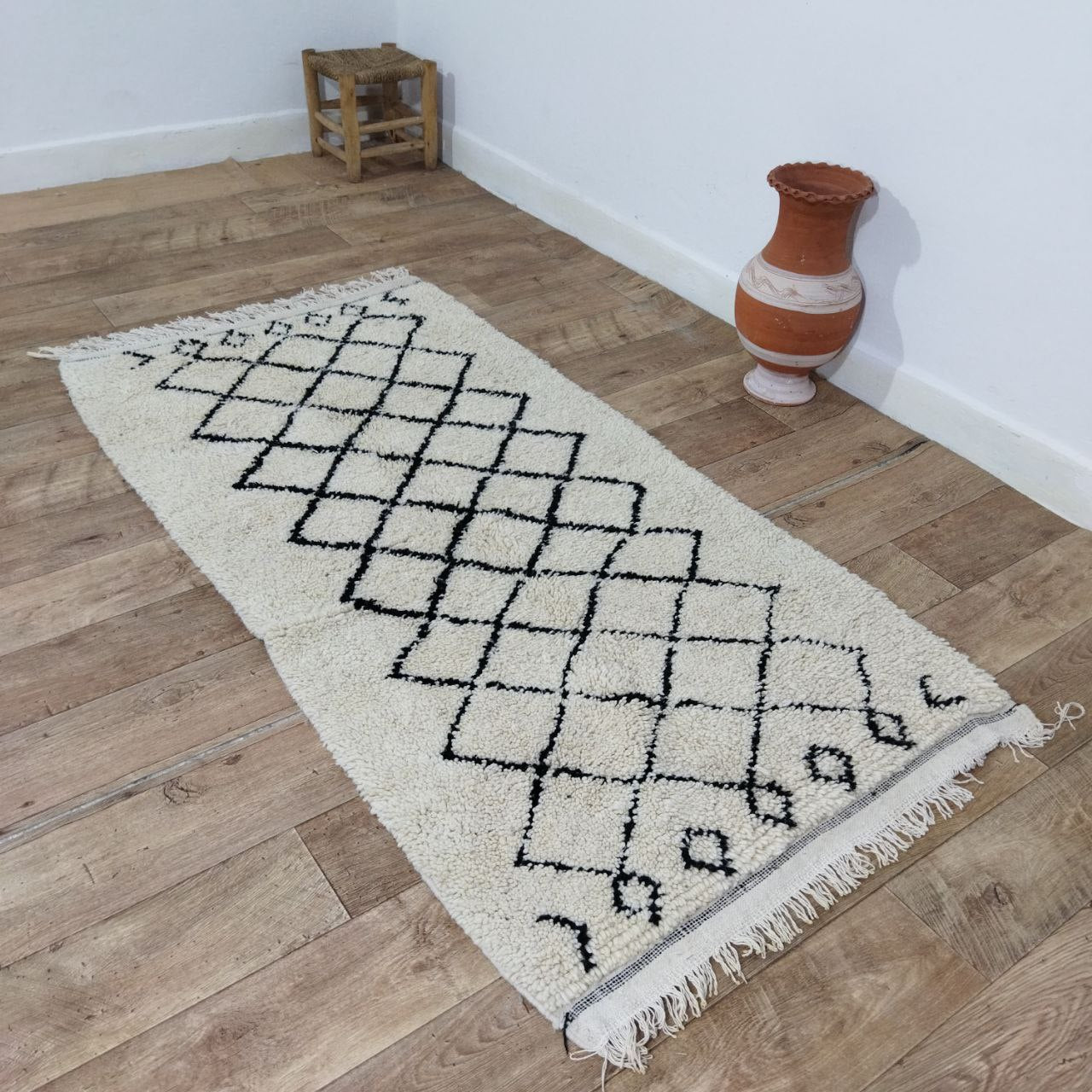 Authentic Beni Ourain Moroccan Berber Runner Rug with Black lines