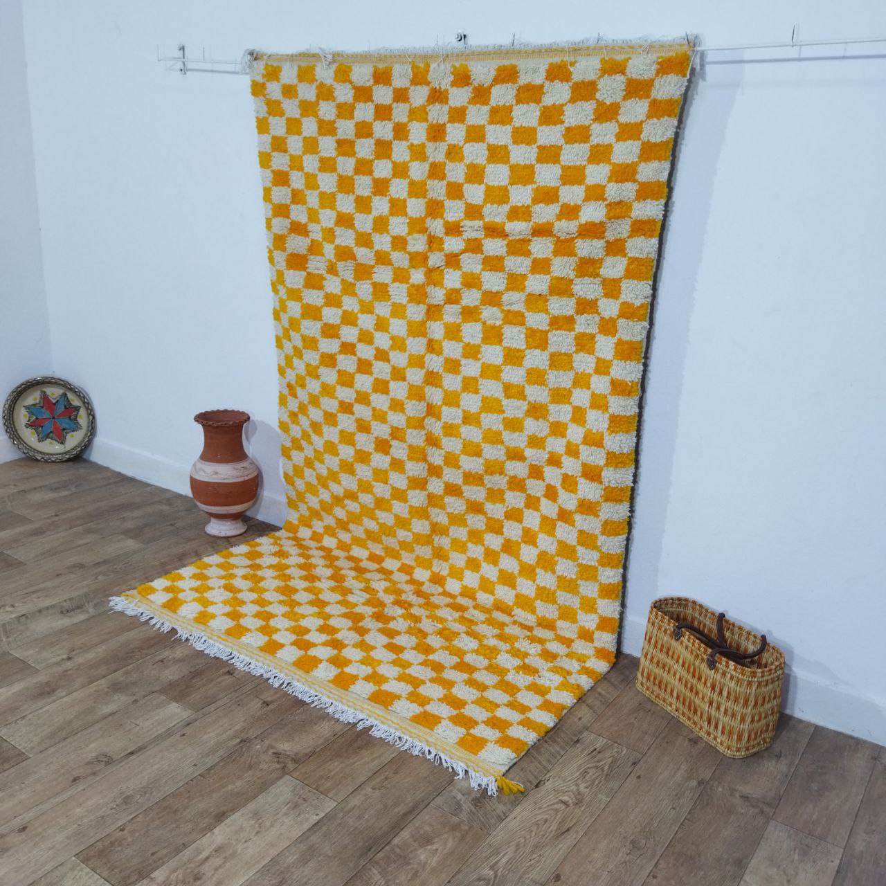Yellow Handmade Rug, Yellow Checkered Rug - Berber style wool rug from Morocco - Modern rug