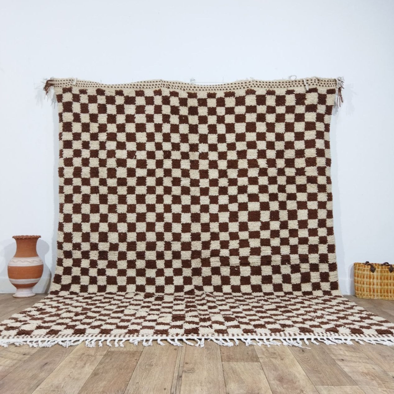 Brown Handmade Rug, White and Brown Checkered Rug - Berber style wool rug from Morocco - Modern rug