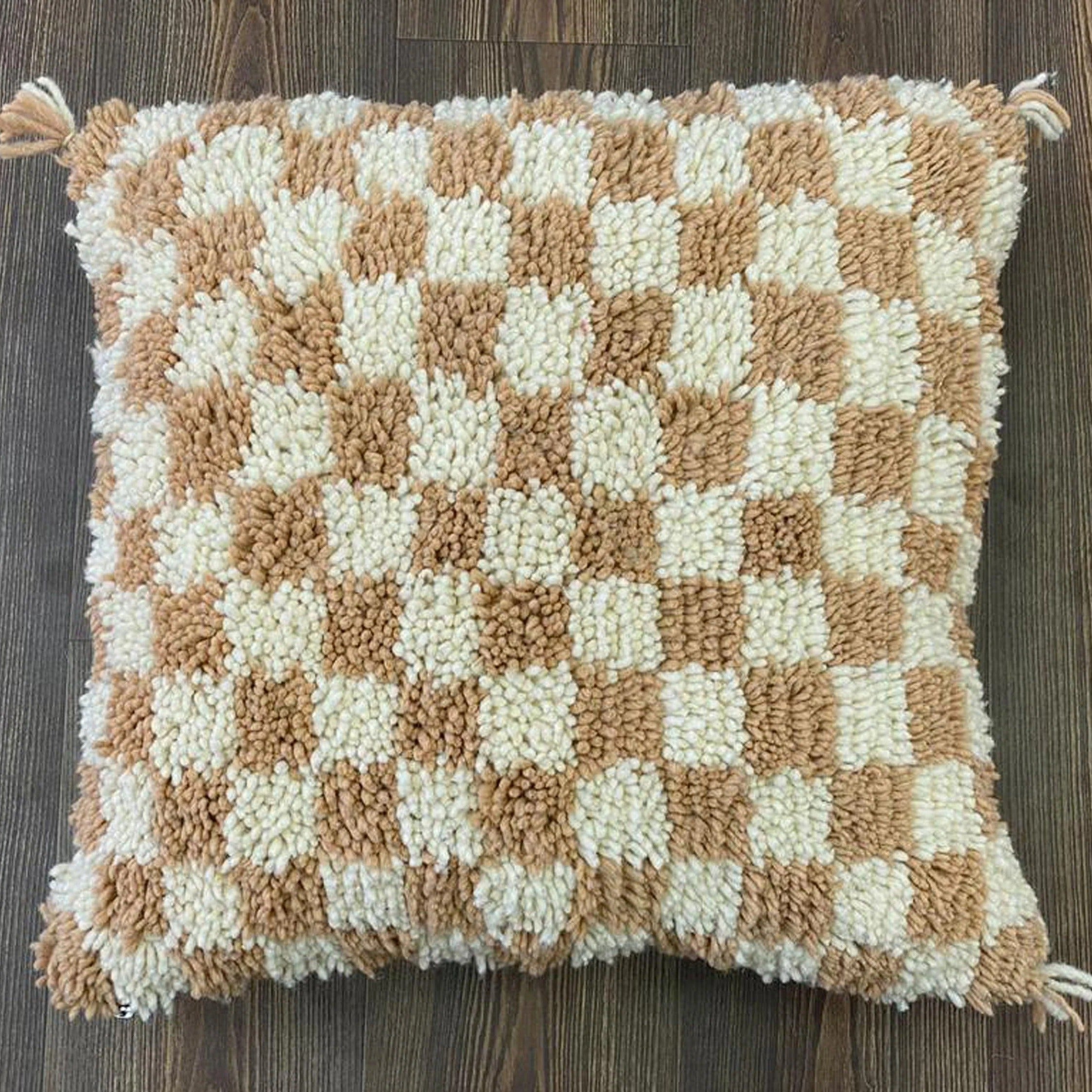 Berber Beige Checkered Wool Pillow | Cozy Decor Accent